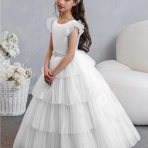 Elegant White Tiered Kids Formal Dress